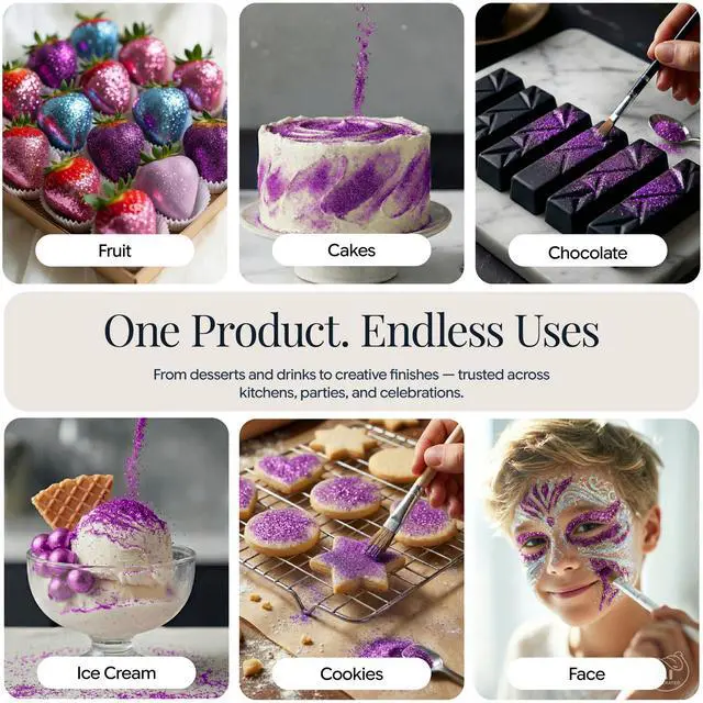 Alt view image 3 of 7 - Purple Edible Glitter 5g, Luster Dust | Purple Luster Dust for Drinks & Cakes, Luster Dust Edible Shimmer for Baking, Cocktails, Cupcake & Cake Decoration