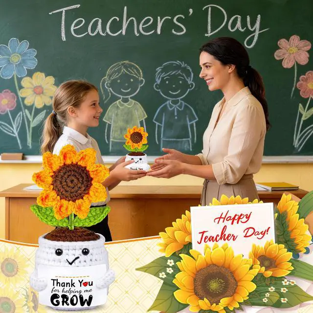 Alt view image 2 of 7 - Teacher Appreciation Gifts, Thank You Teachers Gift, End of Year Teacher Gifts, Personalized Graduation Father's Day Birthday Gift for Teachers Mentor Coworker Senior, Handmade Crochet Sunflower Doll