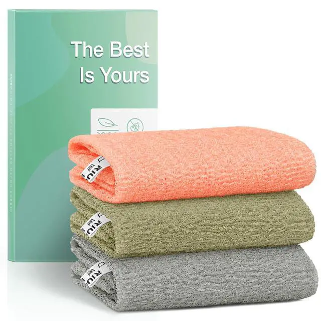 Main image of Exfoliating Washcloth 3 Pack, African Net Sponge Shower Towel for Body Exfoliation, Japanese Nylon Cloth Loofah Scrubber for Face and Back, Ideal Gift for Women MenArmy green, Fleshcolor, Grey
