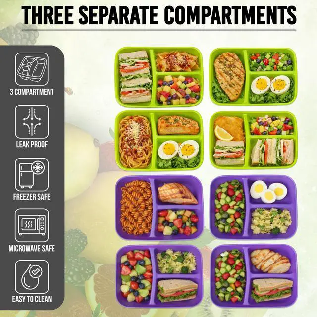 Alt view image 2 of 7 - 2 Pack Lunch Containers for Adults (48oz/6 Cup) - 3 Compartment Large Bento Lunch Box For Women - Reusable Lunchable Container for Salad, Snack, Meal Prep - Stackable, Microwavable & Leak proof