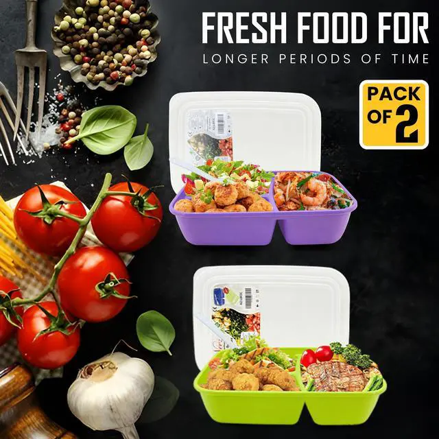 Alt view image 6 of 7 - 2 Pack Lunch Containers for Adults (48oz/6 Cup) - 3 Compartment Large Bento Lunch Box For Women - Reusable Lunchable Container for Salad, Snack, Meal Prep - Stackable, Microwavable & Leak proof