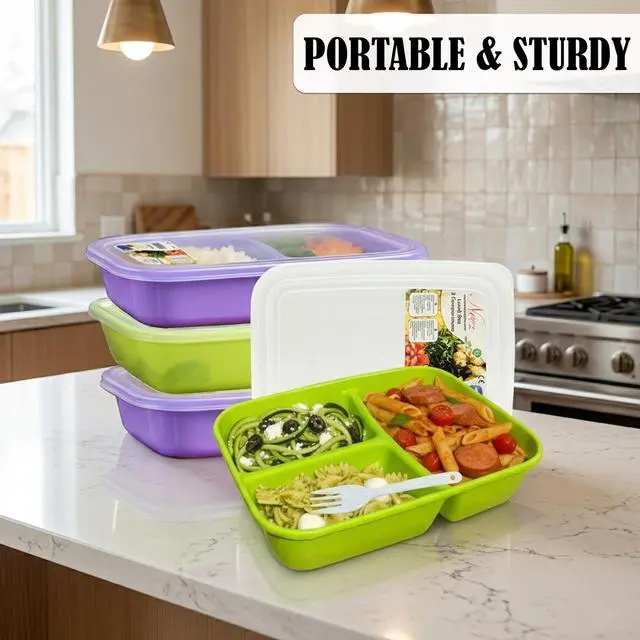 Alt view image 7 of 7 - 2 Pack Lunch Containers for Adults (48oz/6 Cup) - 3 Compartment Large Bento Lunch Box For Women - Reusable Lunchable Container for Salad, Snack, Meal Prep - Stackable, Microwavable & Leak proof