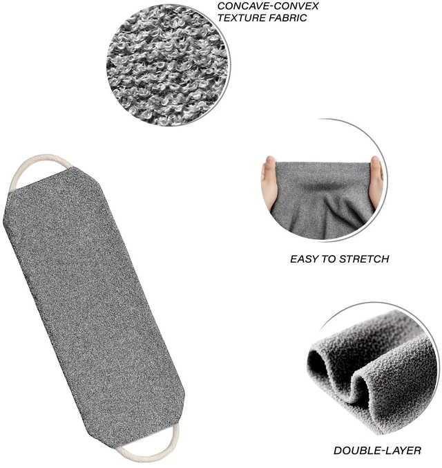 Alt view image 3 of 7 - Exfoliating Back Scrubber for Shower with Handles, Double-Sided Body Scrub Towel, Stretchable Extra Long Deep Cleaning Bath Cloth for Women and Men (Grey)