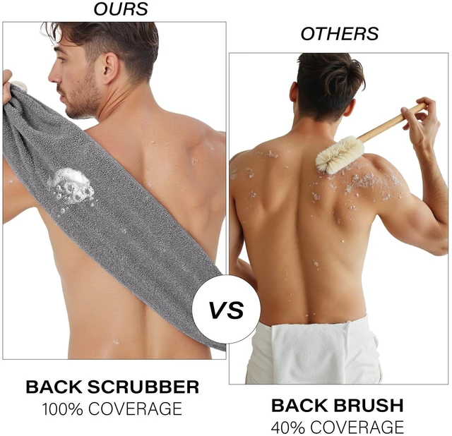 Alt view image 5 of 7 - Exfoliating Back Scrubber for Shower with Handles, Double-Sided Body Scrub Towel, Stretchable Extra Long Deep Cleaning Bath Cloth for Women and Men (Grey)