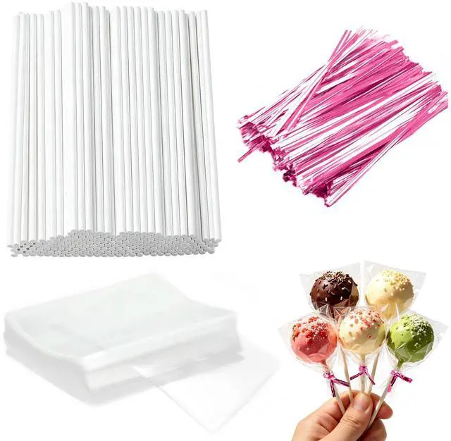 Main image of Cake Pop Sticks 6 Inches, Cake Pop Bags (3.9"X4.7"), Pink Metallic Twist Ties, 300 Pcs Cake Pop Kit , Lollipops Cake, Candies, Chocolates Making Tools