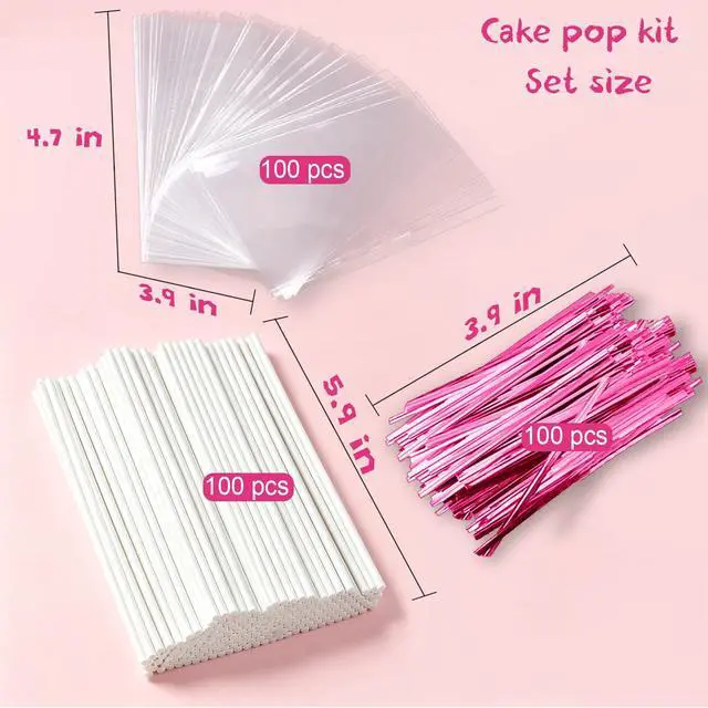 Alt view image 2 of 7 - Cake Pop Sticks 6 Inches, Cake Pop Bags (3.9"X4.7"), Pink Metallic Twist Ties, 300 Pcs Cake Pop Kit , Lollipops Cake, Candies, Chocolates Making Tools