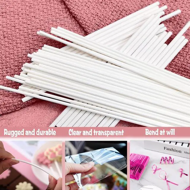 Alt view image 5 of 7 - Cake Pop Sticks 6 Inches, Cake Pop Bags (3.9"X4.7"), Pink Metallic Twist Ties, 300 Pcs Cake Pop Kit , Lollipops Cake, Candies, Chocolates Making Tools