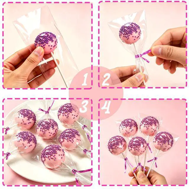 Alt view image 6 of 7 - Cake Pop Sticks 6 Inches, Cake Pop Bags (3.9"X4.7"), Pink Metallic Twist Ties, 300 Pcs Cake Pop Kit , Lollipops Cake, Candies, Chocolates Making Tools