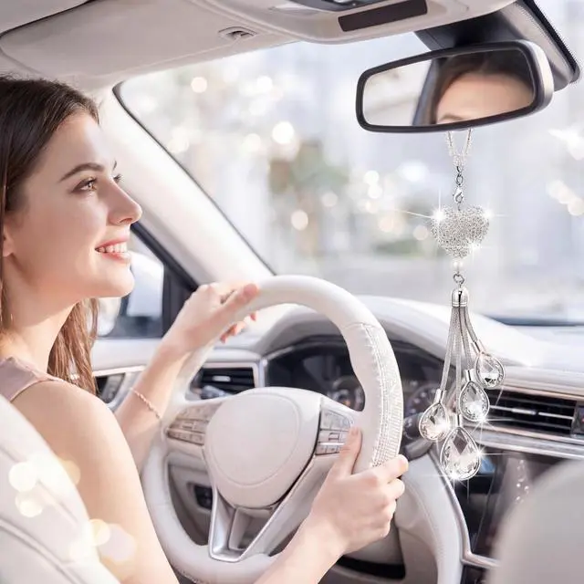 Alt view image 3 of 7 - Bling Car Rearview Mirror Charm, 9.8 Inch, White | 9.8 Inch Heart Crystal Diamond Pendant, Interior Decoration Gift for Women, Lucky Charm Accessories, Cute Styling Ornament