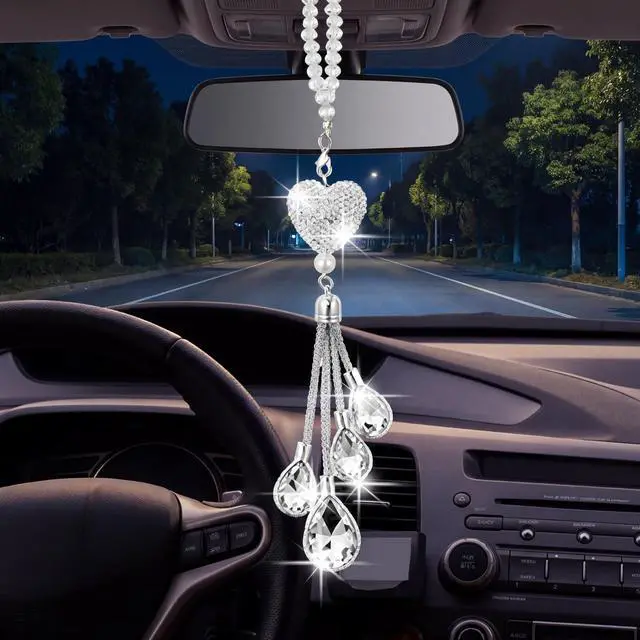 Alt view image 5 of 7 - Bling Car Rearview Mirror Charm, 9.8 Inch, White | 9.8 Inch Heart Crystal Diamond Pendant, Interior Decoration Gift for Women, Lucky Charm Accessories, Cute Styling Ornament