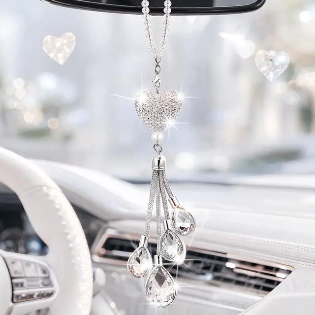 Alt view image 7 of 7 - Bling Car Rearview Mirror Charm, 9.8 Inch, White | 9.8 Inch Heart Crystal Diamond Pendant, Interior Decoration Gift for Women, Lucky Charm Accessories, Cute Styling Ornament