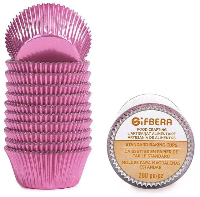 Main image of Standard Pink Foil Cupcake Liners for Baking 200 Count - Metallic Greaseproof Cupcake Wrappers Muffin Cups, Heavy Duty, Non-Stick, Easy to Peel