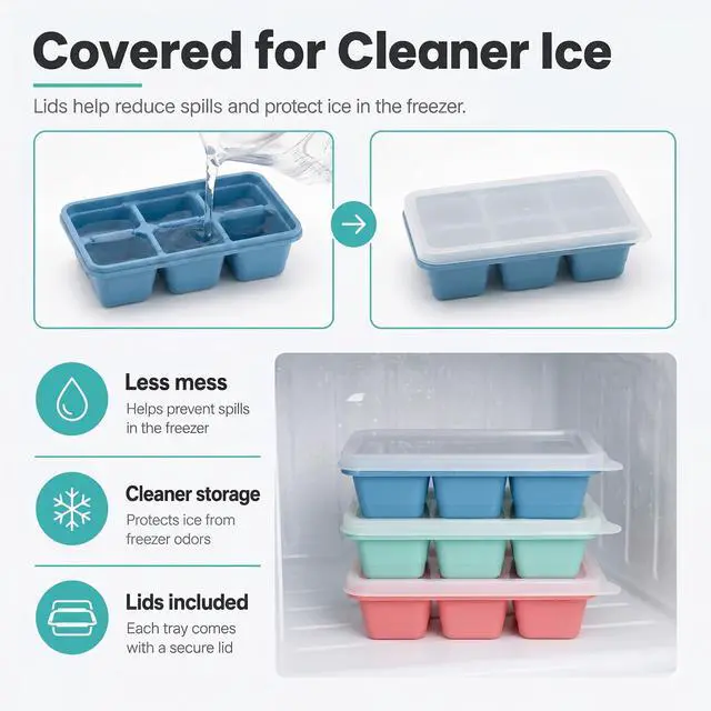 Alt view image 2 of 7 - Mini Ice Cube Trays for Freezer, 3 Pack Small Ice Cube Trays with Lids, Easy-Release Flexible Bottom, Stackable Ice Cube Molds for Mini Fridge, Dorm, RV, Travel & Small Freezer
