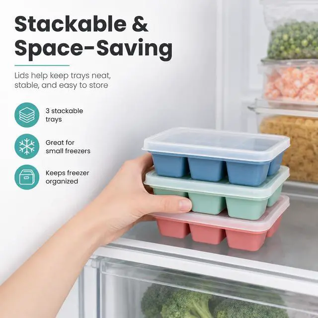 Alt view image 3 of 7 - Mini Ice Cube Trays for Freezer, 3 Pack Small Ice Cube Trays with Lids, Easy-Release Flexible Bottom, Stackable Ice Cube Molds for Mini Fridge, Dorm, RV, Travel & Small Freezer