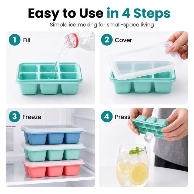 Alt view image 4 of 7 - Mini Ice Cube Trays for Freezer, 3 Pack Small Ice Cube Trays with Lids, Easy-Release Flexible Bottom, Stackable Ice Cube Molds for Mini Fridge, Dorm, RV, Travel & Small Freezer