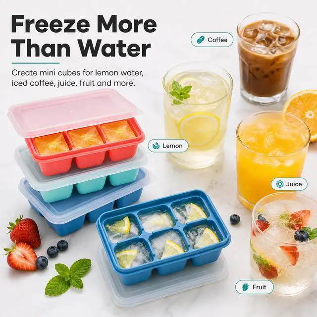 Alt view image 7 of 7 - Mini Ice Cube Trays for Freezer, 3 Pack Small Ice Cube Trays with Lids, Easy-Release Flexible Bottom, Stackable Ice Cube Molds for Mini Fridge, Dorm, RV, Travel & Small Freezer