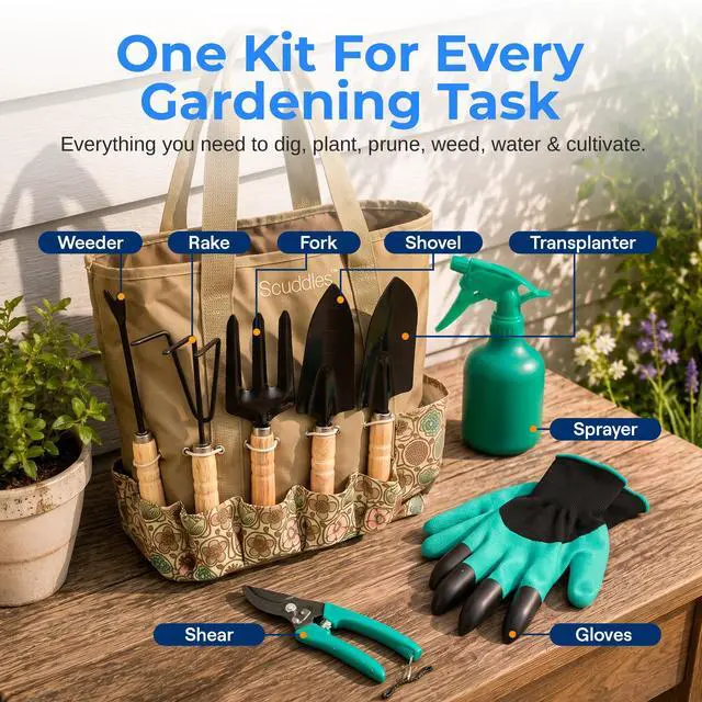 Alt view image 2 of 7 - 8-Piece Garden Tool Set with Bag, Stainless Steel Tools, Wooden Handles and Soft Poly-Cotton Gloves for Planting, Pruning and Home Gardening