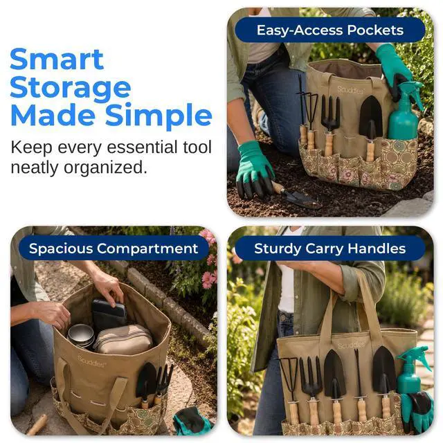 Alt view image 3 of 7 - 8-Piece Garden Tool Set with Bag, Stainless Steel Tools, Wooden Handles and Soft Poly-Cotton Gloves for Planting, Pruning and Home Gardening