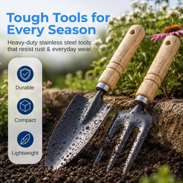 Alt view image 4 of 7 - 8-Piece Garden Tool Set with Bag, Stainless Steel Tools, Wooden Handles and Soft Poly-Cotton Gloves for Planting, Pruning and Home Gardening