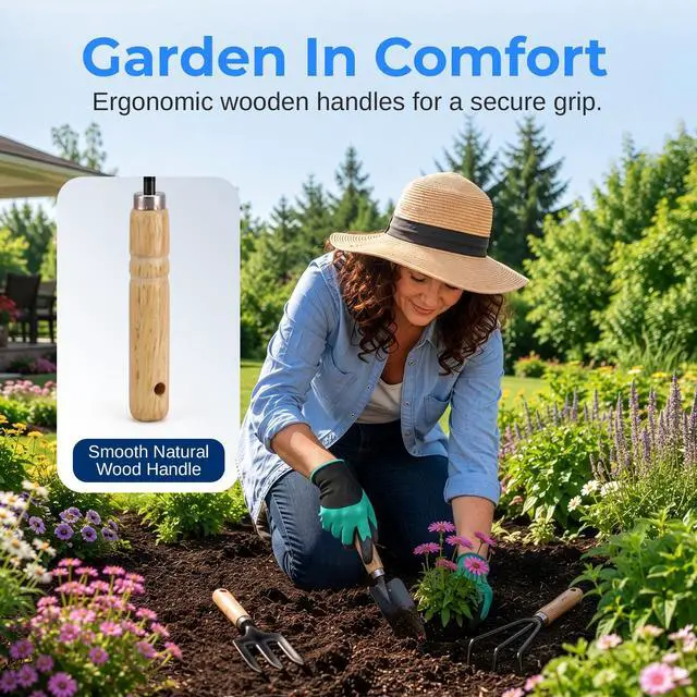 Alt view image 5 of 7 - 8-Piece Garden Tool Set with Bag, Stainless Steel Tools, Wooden Handles and Soft Poly-Cotton Gloves for Planting, Pruning and Home Gardening