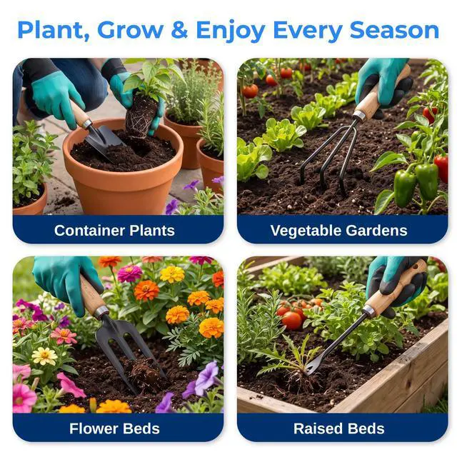 Alt view image 7 of 7 - 8-Piece Garden Tool Set with Bag, Stainless Steel Tools, Wooden Handles and Soft Poly-Cotton Gloves for Planting, Pruning and Home Gardening
