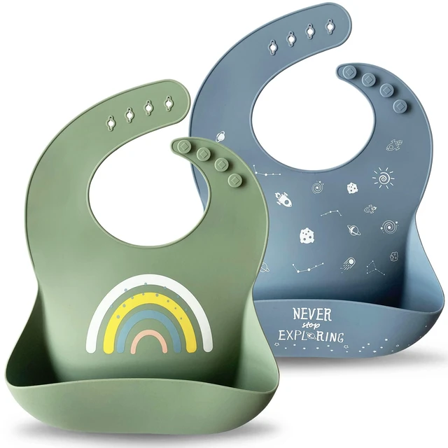 Main image of Silicone Baby Bibs Set of 2, BPA Free Waterproof Baby Bibs for Eating, Soft Adjustable Silicone Bibs for Babies 6-12 Months, Toddler Bibs with Large Pocket Food Catcher (Tradewinds/Sage)