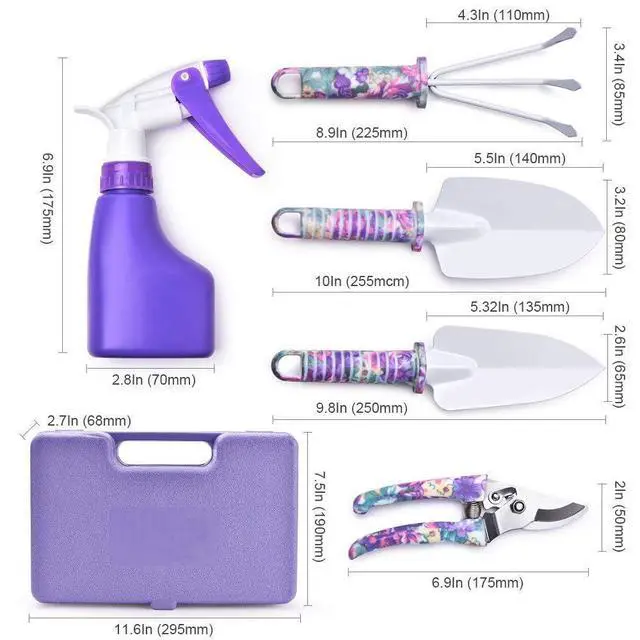 Alt view image 5 of 6 - Gardening Tools,5 Pieces Garden Tools with Floral Print, Ergonomic Handle Trowel Rake Weeder Pruner Shears Sprayer,Gardening Supplies with Carrying Case Gifts for Women