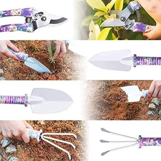 Alt view image 4 of 6 - Gardening Tools,5 Pieces Garden Tools with Floral Print, Ergonomic Handle Trowel Rake Weeder Pruner Shears Sprayer,Gardening Supplies with Carrying Case Gifts for Women