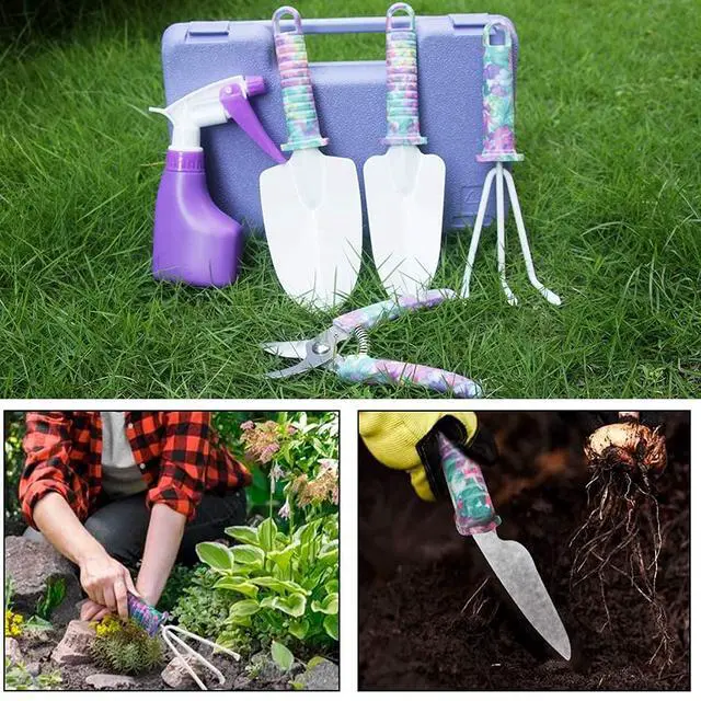 Alt view image 2 of 6 - Gardening Tools,5 Pieces Garden Tools with Floral Print, Ergonomic Handle Trowel Rake Weeder Pruner Shears Sprayer,Gardening Supplies with Carrying Case Gifts for Women