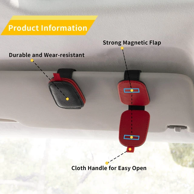 Alt view image 4 of 7 - Magnetic Leather Sunglasses Holder for Car, 2 Packs (Black-red) | Magnetic Car Visor Accessories