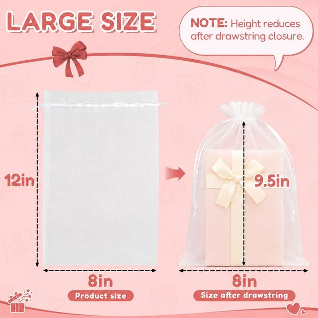 Alt view image 2 of 7 - 50PCS Organza Bags 8x12 Large White Mesh Bags Drawstring Gift Bag Pouches for Wedding Favors Goodie Sachet Jewelry, Sheer Treat Bag Bulk for Birthday Baby Bridal Shower Graduation Party