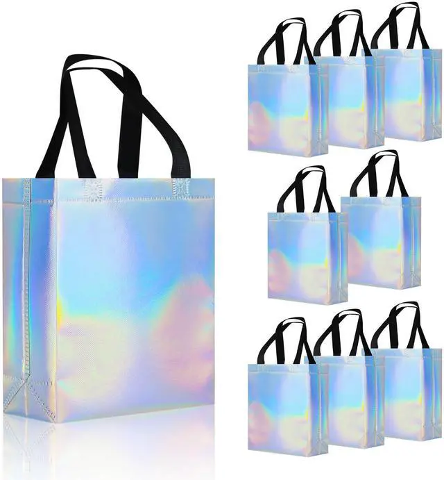 Main image of cabzymx 9 Pcs Glossy Small Iridescent Gift Bags in Bulk, 8x3.9x9.8 In Non-woven Reusable Party Bags with Sturdy Bases for Birthday, Weddings, Easter, Holiday, Party