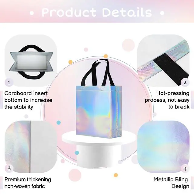 Alt view image 2 of 7 - cabzymx 9 Pcs Glossy Small Iridescent Gift Bags in Bulk, 8x3.9x9.8 In Non-woven Reusable Party Bags with Sturdy Bases for Birthday, Weddings, Easter, Holiday, Party