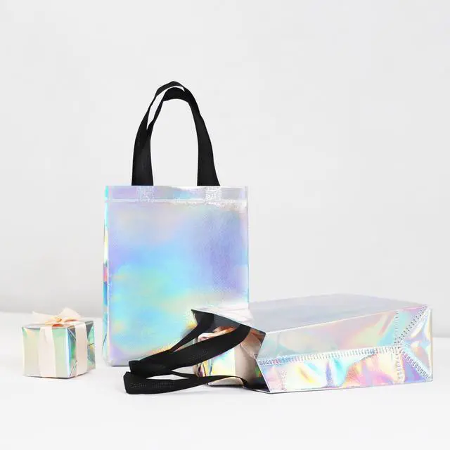 Alt view image 4 of 7 - cabzymx 9 Pcs Glossy Small Iridescent Gift Bags in Bulk, 8x3.9x9.8 In Non-woven Reusable Party Bags with Sturdy Bases for Birthday, Weddings, Easter, Holiday, Party