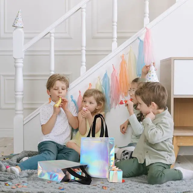 Alt view image 6 of 7 - cabzymx 9 Pcs Glossy Small Iridescent Gift Bags in Bulk, 8x3.9x9.8 In Non-woven Reusable Party Bags with Sturdy Bases for Birthday, Weddings, Easter, Holiday, Party