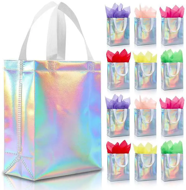 Main image of KeerxunBag 12-piece colorful gift bag, containing hard cards and tissues | Medium 10x4x8in colorful design. Ideal for birthdays, parties, weddings & holidays. Durable, reusable & foldable.