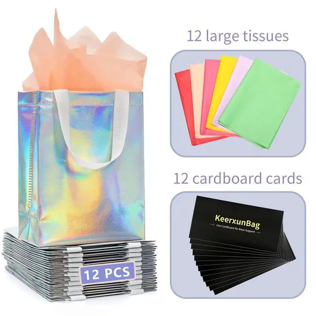 Alt view image 3 of 7 - KeerxunBag 12-piece colorful gift bag, containing hard cards and tissues | Medium 10x4x8in colorful design. Ideal for birthdays, parties, weddings & holidays. Durable, reusable & foldable.