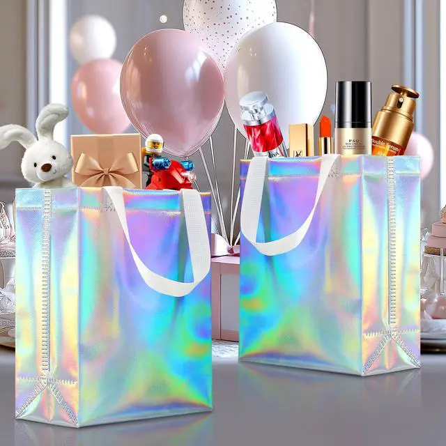 Alt view image 4 of 7 - KeerxunBag 12-piece colorful gift bag, containing hard cards and tissues | Medium 10x4x8in colorful design. Ideal for birthdays, parties, weddings & holidays. Durable, reusable & foldable.