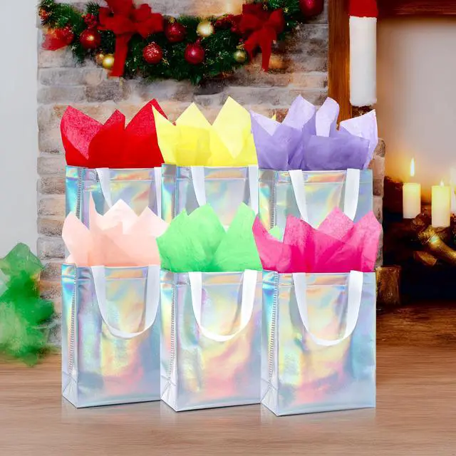 Alt view image 6 of 7 - KeerxunBag 12-piece colorful gift bag, containing hard cards and tissues | Medium 10x4x8in colorful design. Ideal for birthdays, parties, weddings & holidays. Durable, reusable & foldable.