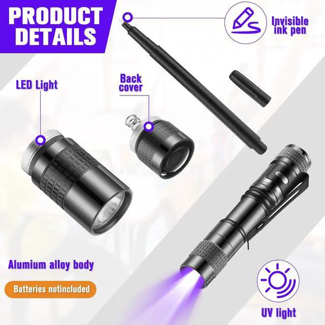Alt view image 3 of 5 - Tegeme 8 Pcs Black Light Flashlight Invisible Ink Pen, Grey and Black | 4 Invisible Ink Pen 4 Grey Mini UV Flashlight, Disappearing Pen Spy Gadget Spy Party Favor, Christmas Halloween Holiday Gift