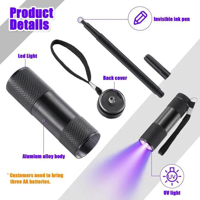 Alt view image 2 of 7 - Tegeme 10 Pcs Invisible Ink Pens Blacklight Flashlight, Black | Blacklight Pen Set Invisible Ink Pen Blacklight Flashlight, UV Invisible Ink Marker Black Light Markers
