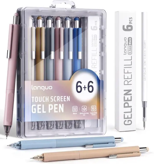 Main image of Gel Pens, 0.5mm Quick Dry Black Ink Pens Fine Point Smooth Writing Pens | 3-in-1 Stylus Retractable Gel Pen with Stylus tip, Cute Office School Supplies Gifts for Women Men (6 gel pens + 6 refills)