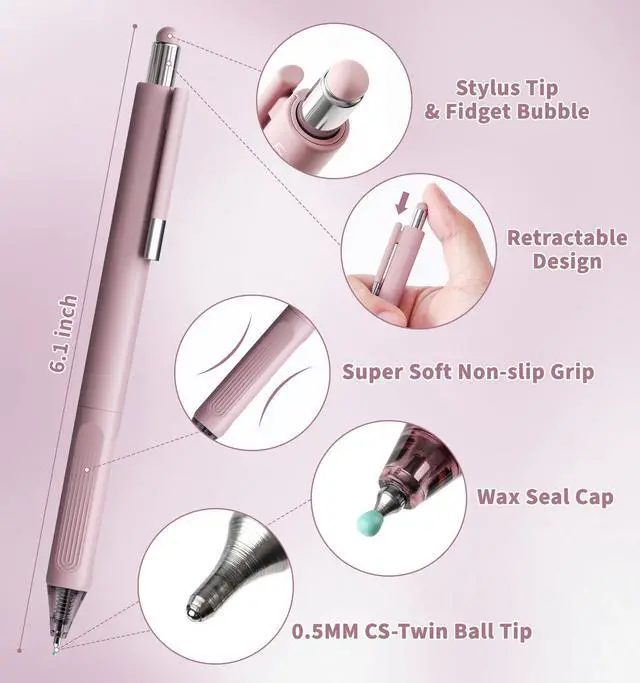 Alt view image 3 of 7 - Gel Pens, 0.5mm Quick Dry Black Ink Pens Fine Point Smooth Writing Pens | 3-in-1 Stylus Retractable Gel Pen with Stylus tip, Cute Office School Supplies Gifts for Women Men (6 gel pens + 6 refills)