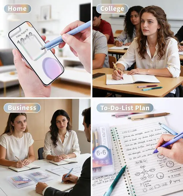 Alt view image 7 of 7 - Gel Pens, 0.5mm Quick Dry Black Ink Pens Fine Point Smooth Writing Pens | 3-in-1 Stylus Retractable Gel Pen with Stylus tip, Cute Office School Supplies Gifts for Women Men (6 gel pens + 6 refills)