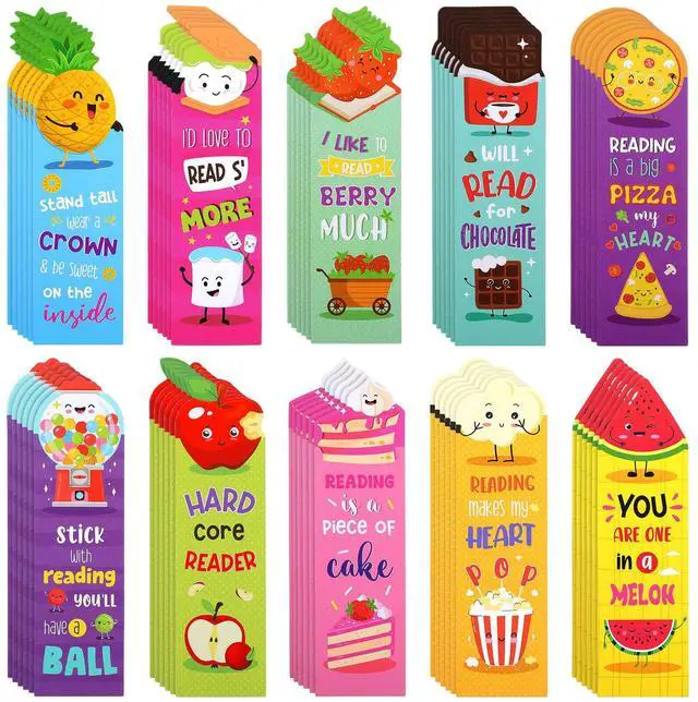 Main image of Eersida 60 Pcs Scented Bookmarks for Kids, Fruit Food 10 Styles | Assorted Designs Scratch and Sniff, Fruit Food Theme Sayings for Students, Teens, Food Lovers, Bulk Reading Reward Gifts