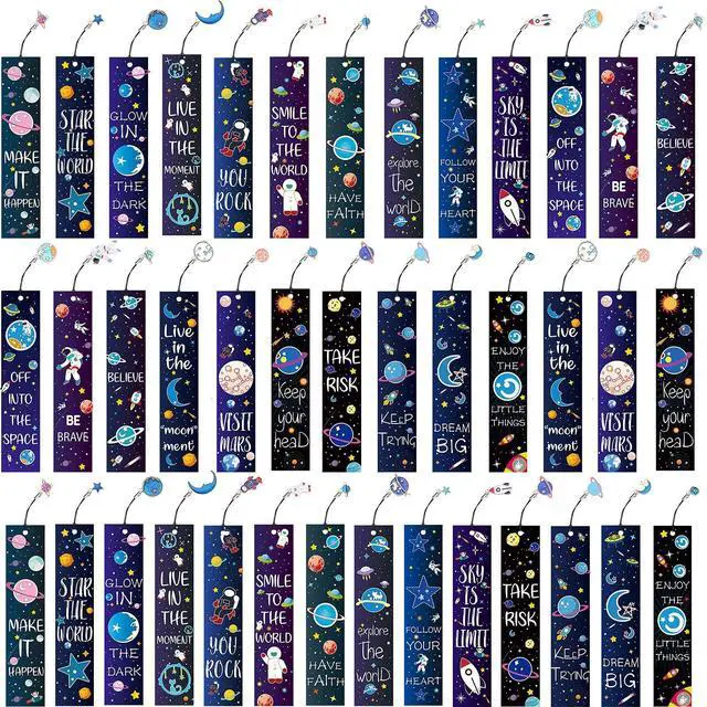 Main image of Zonon 40 Pcs Bulk Space Bookmarks for Kids Outer Space Party Favors Astronaut Planet Rocket Galaxy Theme Birthday Party Favors Inspirational Bookmarks with Charms for Boys Girls Student Reward Gift