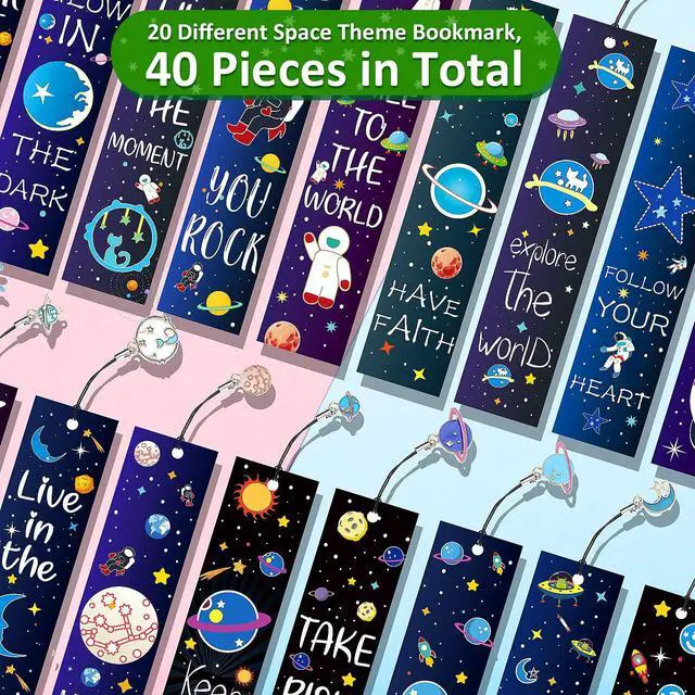 Alt view image 3 of 7 - Zonon 40 Pcs Bulk Space Bookmarks for Kids Outer Space Party Favors Astronaut Planet Rocket Galaxy Theme Birthday Party Favors Inspirational Bookmarks with Charms for Boys Girls Student Reward Gift