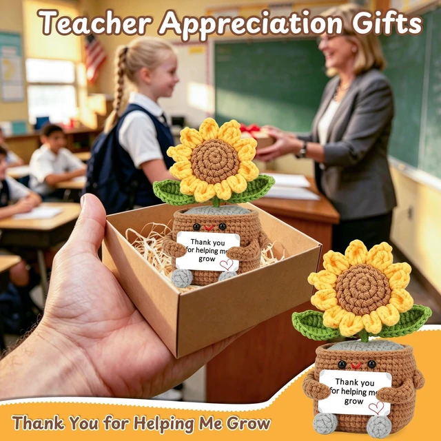 Alt view image 2 of 7 - Teacher Appreciation Gifts for Women, Sunflower Thank You Helping Me Grow | Thank You Gifts for Women Teachers Back to School Teacher Birthday Retirement Gift Classroom, Sunflower Crochet With Card