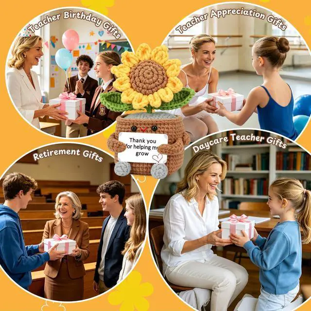 Alt view image 6 of 7 - Teacher Appreciation Gifts for Women, Sunflower Thank You Helping Me Grow | Thank You Gifts for Women Teachers Back to School Teacher Birthday Retirement Gift Classroom, Sunflower Crochet With Card