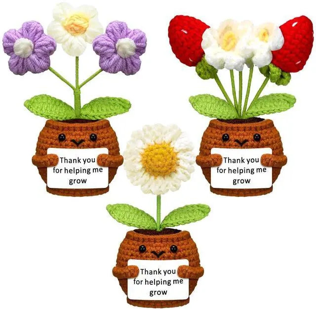 Main image of Wavwavw 3 Pack Back to School Teacher Appreciation Gifts Positive Flower Handmade Crochet Doll Thank You for Helping Me Grow Teacher Gifts for Women Men(Strawberry, Puff and Sunflower)